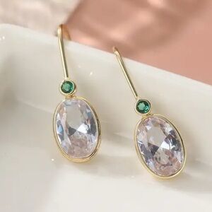 2/$30🌵 Gold Tone Clear Stone Drop Hook Earrings Green Rhinestone Boho Gift NEW